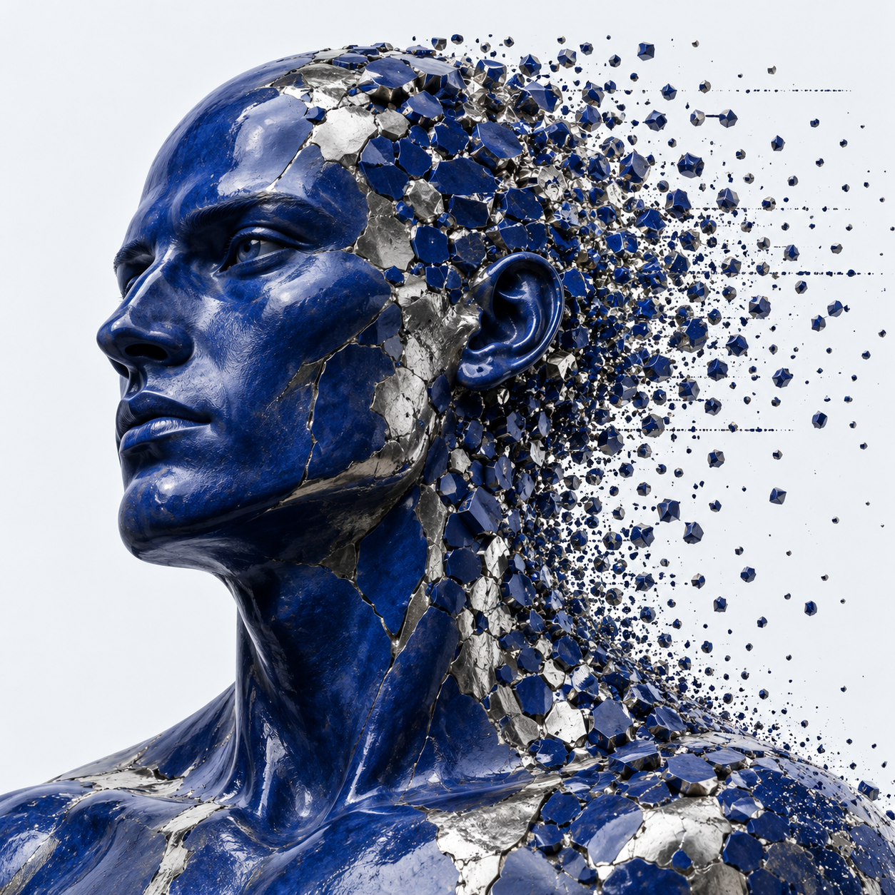 A cobalt human sculpture dissolving into a swarm of metallic fragments